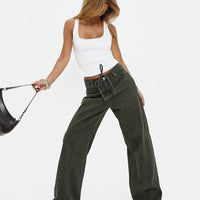 Bruiser Tie Waist Mid Rise Wide Leg Jeans Green Petite