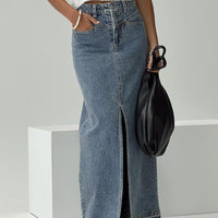 Deneuve Denim Maxi Skirt Mid Wash