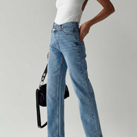 Holly Mid Rise Straight Leg Asymmetric Jean Light Wash Denim