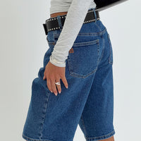 Retro Dream Mid Rise Longline Denim Shorts Mid Wash