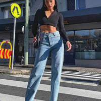 Holly Mid Rise Straight Leg Asymmetric Jean Light Wash Denim