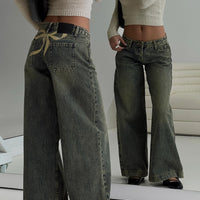 Ribbon Stamp Low Rise Wide Leg Jeans Antique Wash