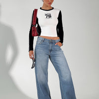 Azula Mid Rise Wide Leg Denim Jean Mid Blue