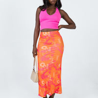 Zonya Mesh Floral Maxi Skirt Orange