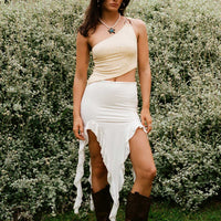 Peachey Asymmetric Ruffle Midi Skirt White