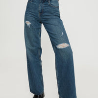 Beetle High Rise Wide Leg Ripped Jeans Mid Wash
