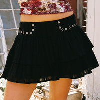 Fire Sign Studded Tiered Mini Skirt Black