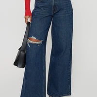 Naylor Rip Mid Rise Wide Leg Jeans Dark Blue Wash