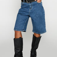 Retro Dream Mid Rise Longline Denim Shorts Mid Wash