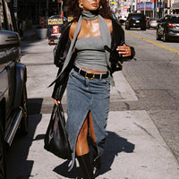 Barbara Split Midi Skirt Faded Denim