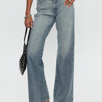 Slow Ride Mid Rise Bootleg Belted Jeans Light Blue