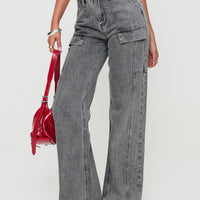 Chad High Rise Flared Cargo Jeans Washed Grey