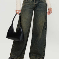 Ribbon Stamp Low Rise Wide Leg Jeans Antique Wash