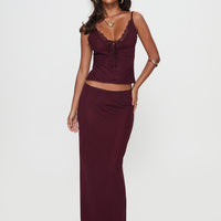 Reiko Lace Trim Tie Front Maxi Set Burgundy