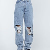 Holly Asymmetric Ripped Leg Jeans Light Wash Denim