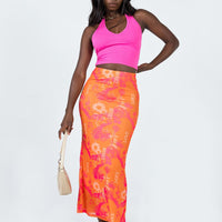 Zonya Mesh Floral Maxi Skirt Orange