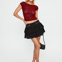 Fire Sign Studded Tiered Mini Skirt Black