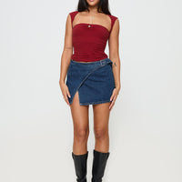 Wait Up Denim Wrap Mini Skirt Mid Wash