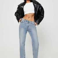 Holly Mid Rise Straight Leg Asymmetric Jean Light Wash Denim