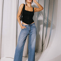 Azula Mid Rise Wide Leg Denim Jean Mid Blue