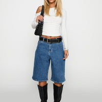 Retro Dream Mid Rise Longline Denim Shorts Mid Wash