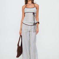 Taylar Thick Waistband Tie Pants Green Stripe