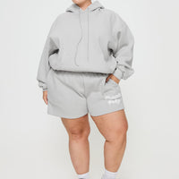 Princess Polly Track Shorts Puff Text Grey Curve