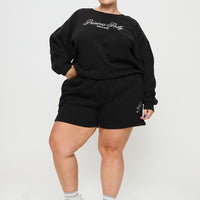 Princess Polly Track Shorts Cursive Text Black Sand Curve