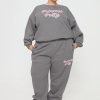 Princess Polly Track Pants Puff Text Charcoal Curve