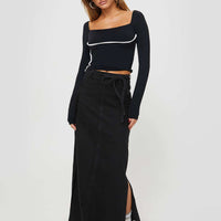 Brandee Tie Front Denim Maxi Skirt Black Wash