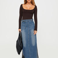Brandee Tie Front Denim Maxi Skirt Mid Blue