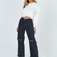 Cece Hammer Wide Leg Knee Rip Jeans Black Denim