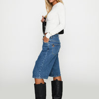 Retro Dream Mid Rise Longline Denim Shorts Mid Wash
