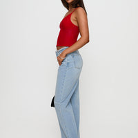 Hawke Frayed Mid Rise Straight Leg Jeans Mid Blue