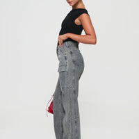 Chad High Rise Flared Cargo Jeans Washed Grey