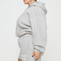 Princess Polly Track Shorts Puff Text Grey Curve