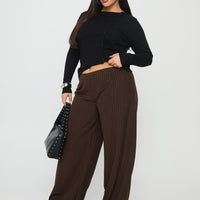 Khane Low Rise Wide Leg Pant Brown Pinstripe Curve