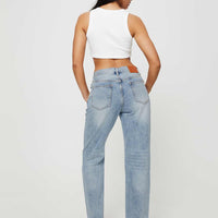 Holly Mid Rise Straight Leg Asymmetric Jean Light Wash Denim