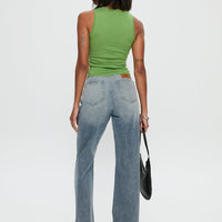 Slow Ride Mid Rise Bootleg Belted Jeans Light Blue