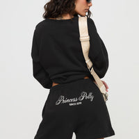 Princess Polly Track Shorts Cursive Text Black Sand