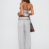 Taylar Thick Waistband Tie Pants Green Stripe