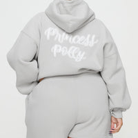Princess Polly Track Shorts Puff Text Grey Curve