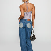 A Keeper Flower Patch Low Rise Wide Leg Jeans Mid Blue
