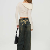 Ribbon Stamp Low Rise Wide Leg Jeans Antique Wash