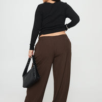 Khane Low Rise Wide Leg Pant Brown Pinstripe Curve