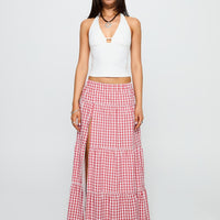 Ilaina Tiered Maxi Skirt Red Check