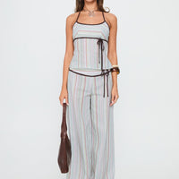 Taylar Thick Waistband Tie Pants Green Stripe