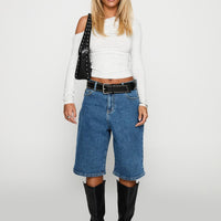 Retro Dream Mid Rise Longline Denim Shorts Mid Wash