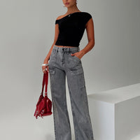 Chad High Rise Flared Cargo Jeans Washed Grey