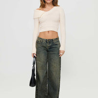 Ribbon Stamp Low Rise Wide Leg Jeans Antique Wash